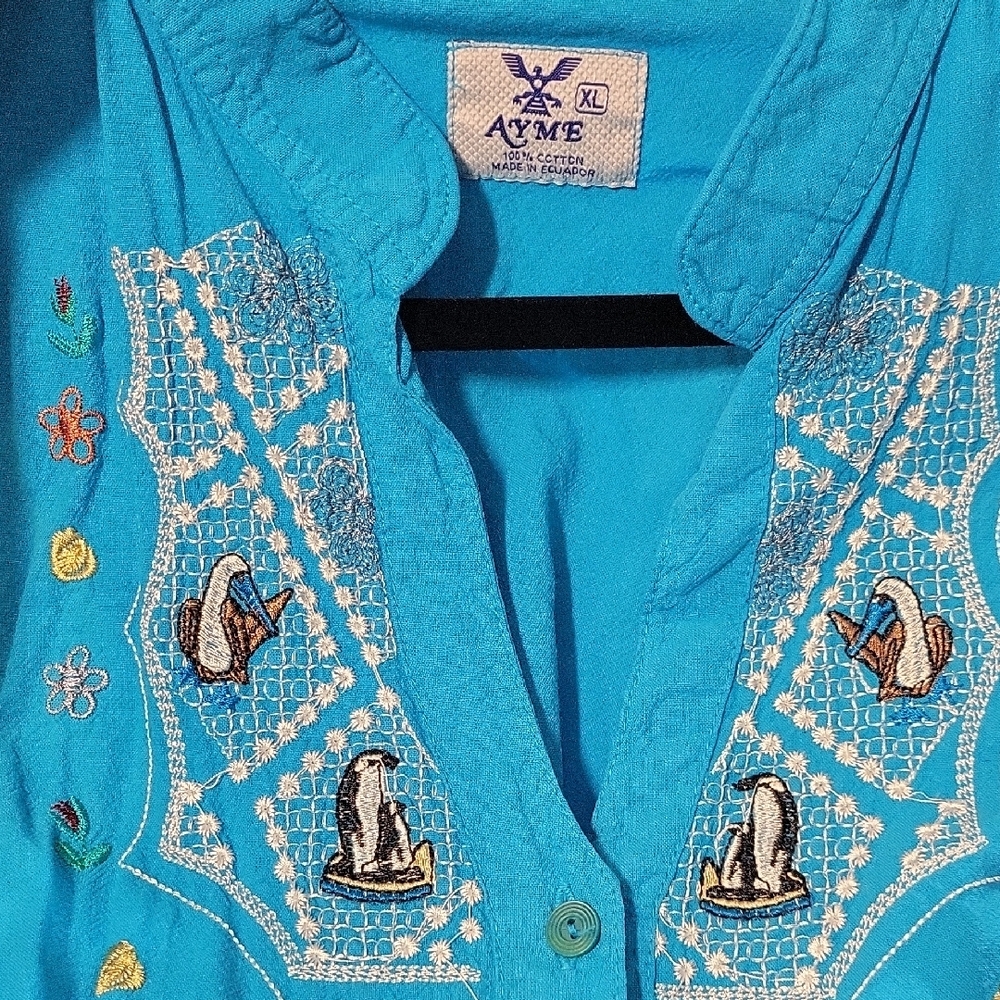Blue Button Down Shirt with Embroidered Collar From Galapagos Islands - Picture 6 of 6